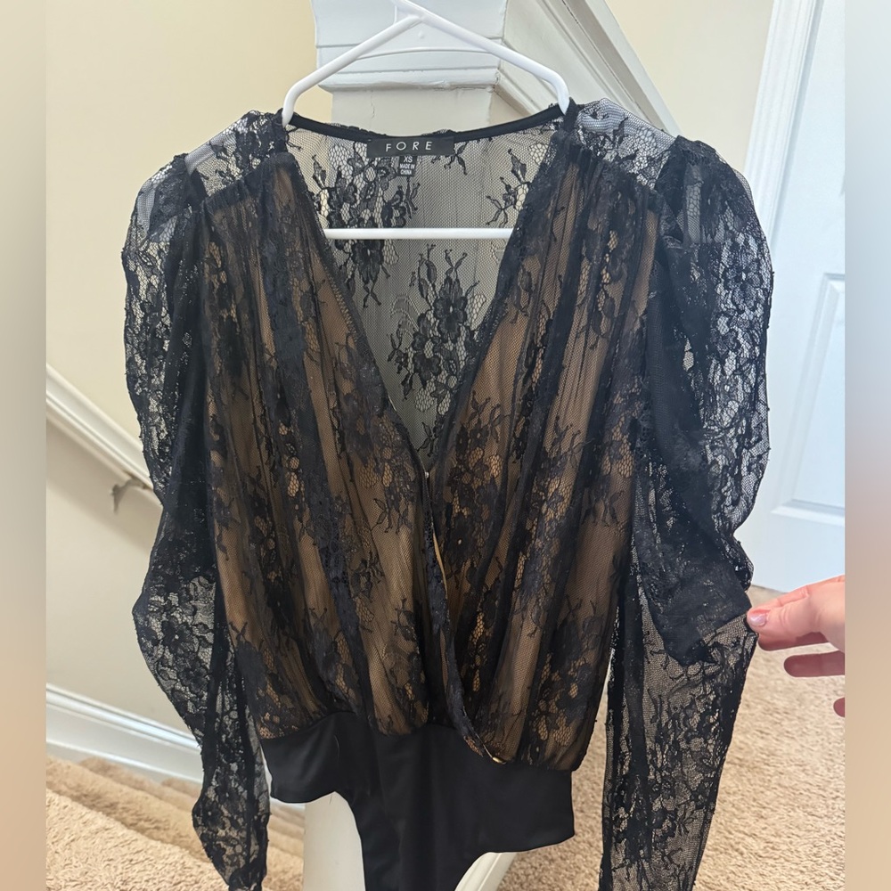 G/FORE Black Sheer Floral Lace V-Neck Bodysuit from VICI